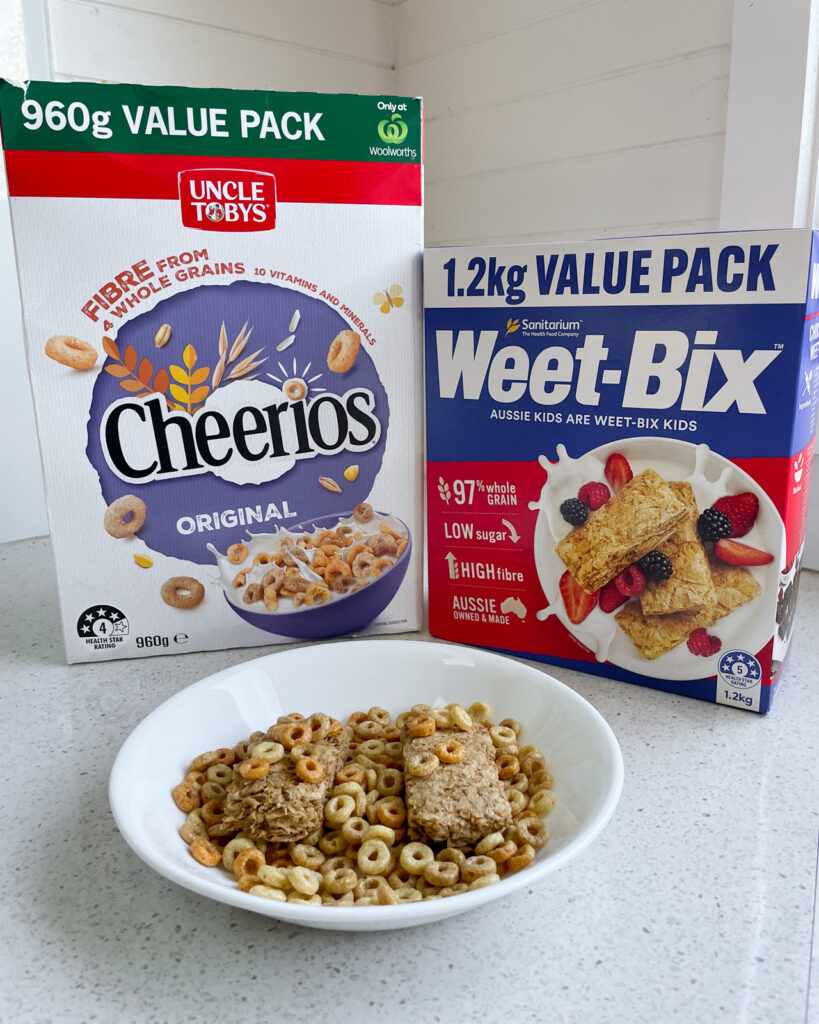 Kids breakfast Cheerios and Weetbix